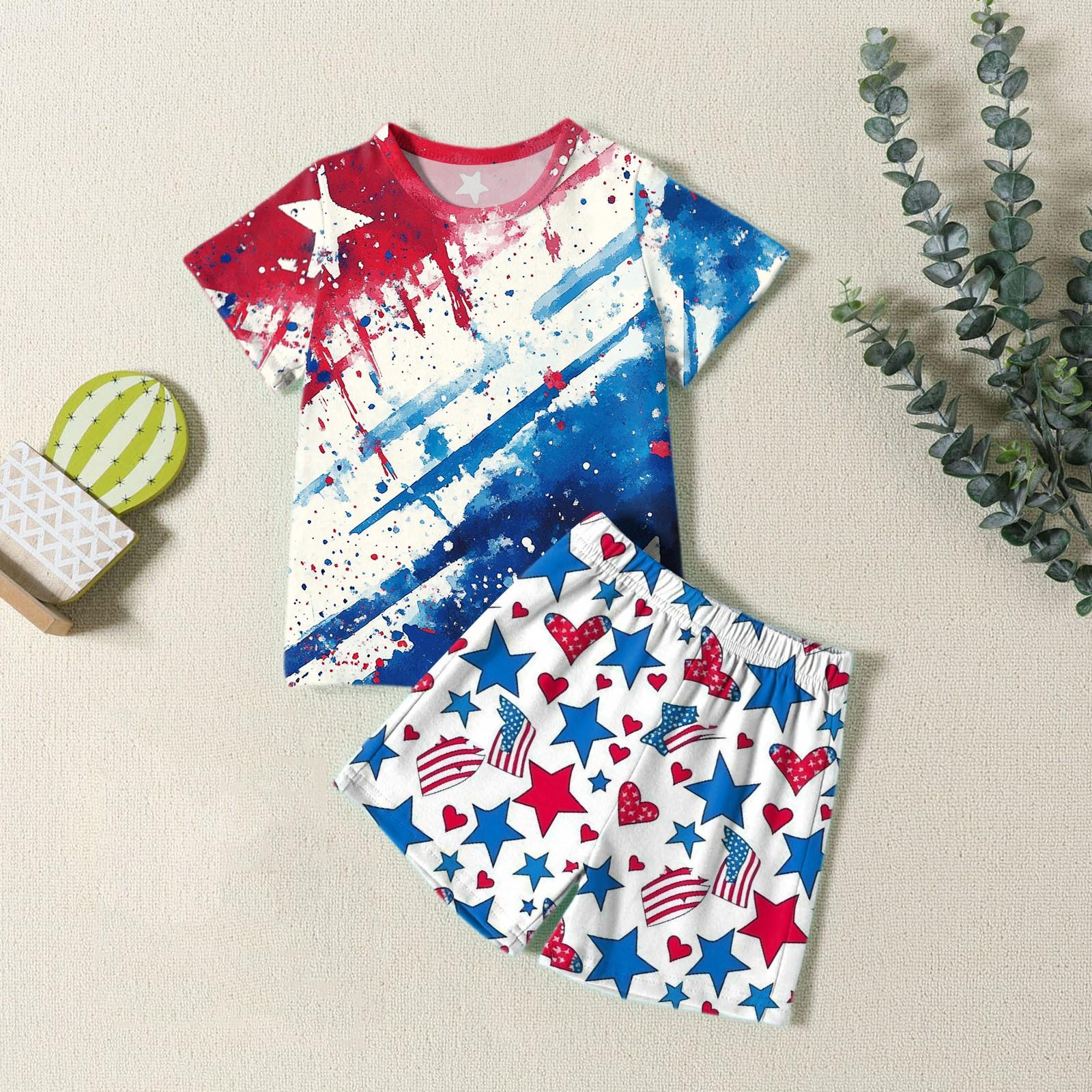 

Мода для мальчиков девочек Повседневный комплект ко Дню независимости: футболка с круглым вырезом и короткими рукавами, шорты 90