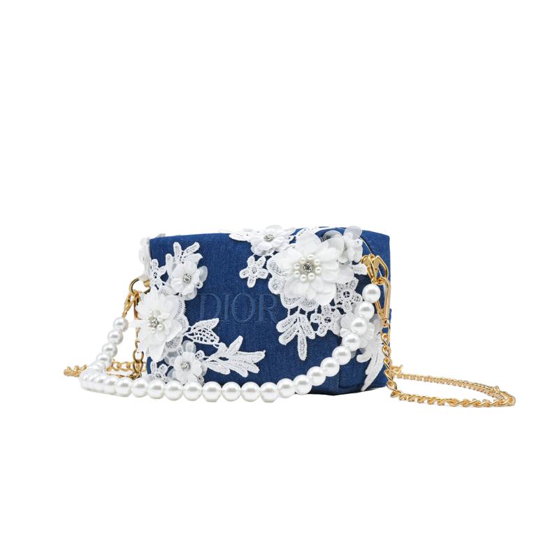 DIOR Bag [Customized Cosmetic Bag] Spring Letter Flowers High-end Romantic Elegant French Commuting Handbag Shoulder Denim Cosmetic Storage Portable