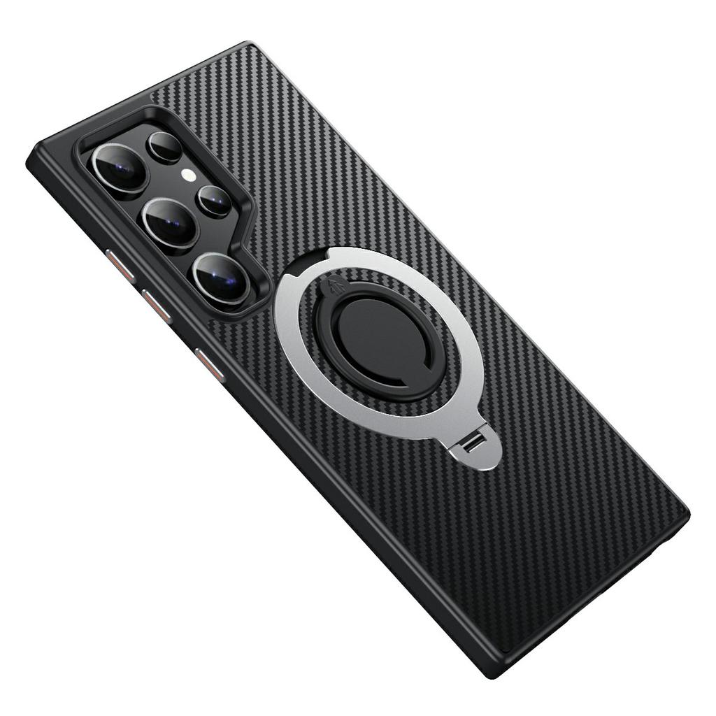 For Samsung Galaxy S24 Ultra Magnetic Case Kickstand Carbon Fiber Texture PC + TPU Back Cover with Silicone Ring