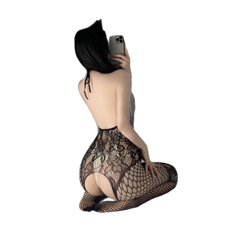 Large size sexy breasts sexy underwear open onesie neck mesh hollow hot naked back stockings women's onesie