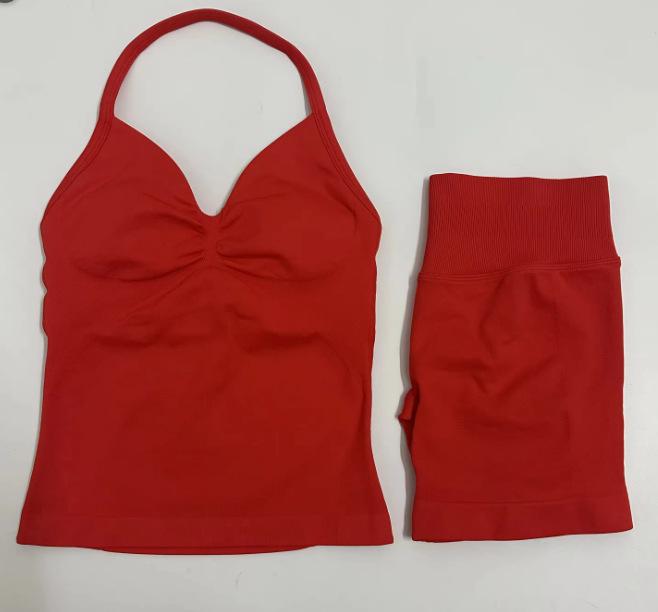 JYL Seamless Backless Two Piece Set Padded Halter Top Fitness Shorts