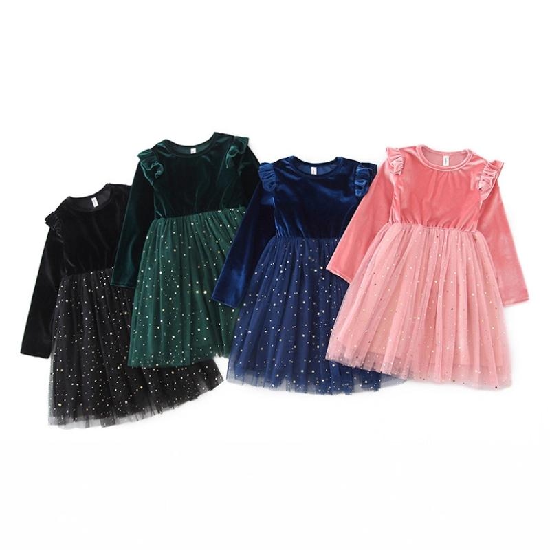Ruffled Long-sleeved Dress Princess Performance Costume Children's Clothing Starry Sky Mesh Skirt