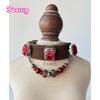 Luxury Leather Dog Collar with Detachable Agate Charm & Magnetic Ruby Gemstone Decor Pet Necklace Handmade Collar for Dogs Cats