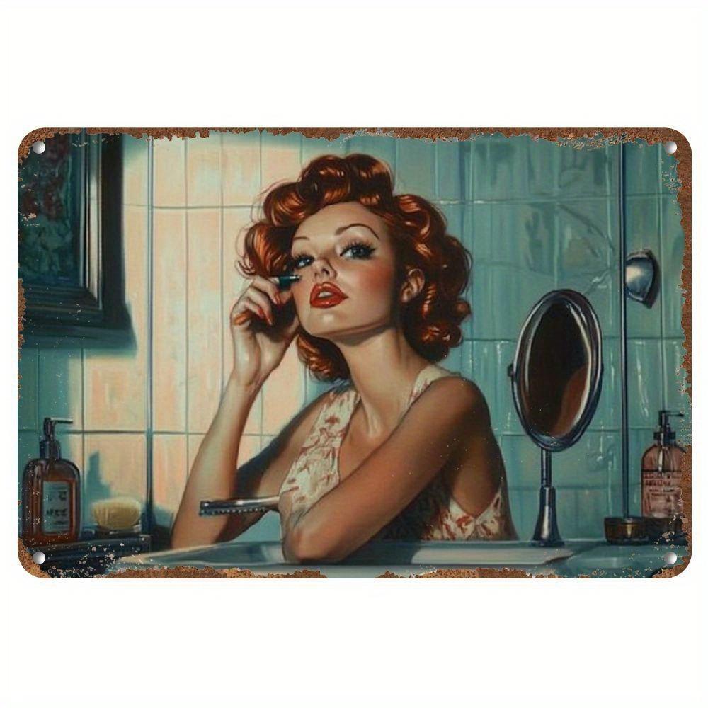 Vintage Metal Sign Redhead Woman Makeup Art Rustic Wall Decor for Home Cafe Bar Lightweight Gift for Retro Enthusiasts