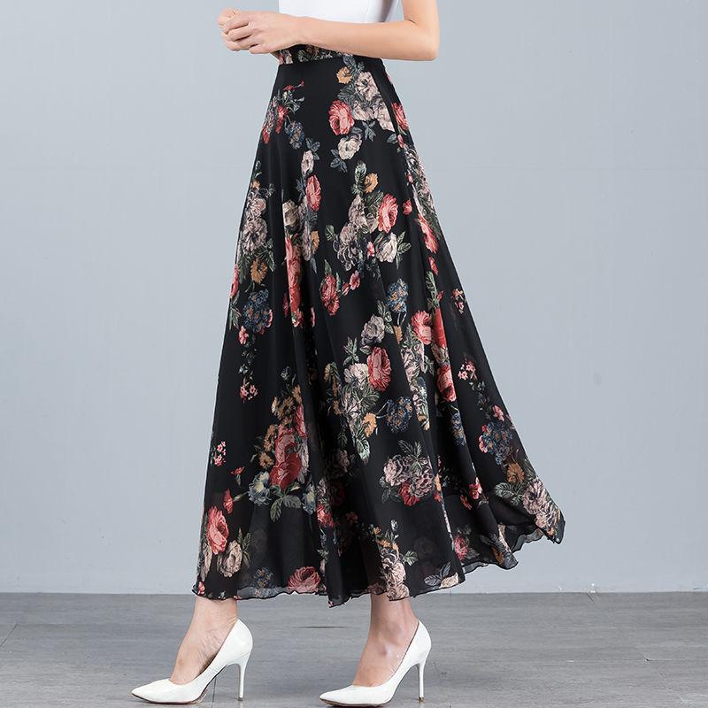 New Summer Retro Ethnic Style Ink-print Chiffon Skirt Women's Long Skirt High Waist A-line Skirt