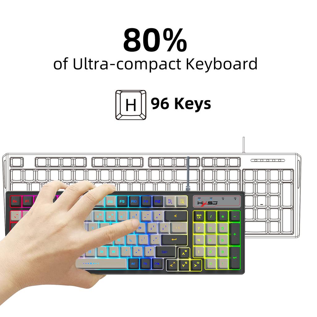 HXSJ V600B For Gaming 96 Keys Wired Keyboard RGB Backlit Mechanical Feel Membrane Keyboard
