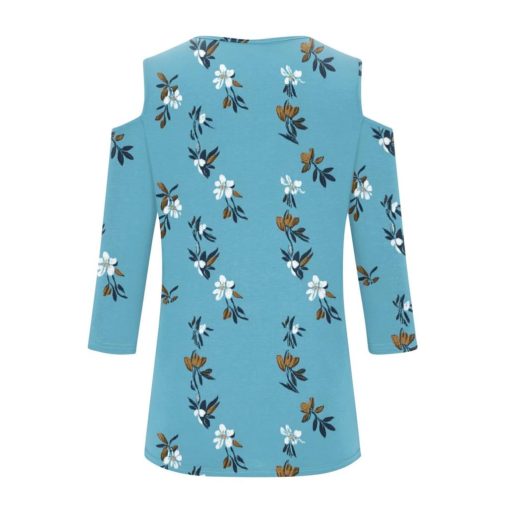 Women's Casual Shirt Blouse Print V-neck Sexy Cold Shoulder 3/4 Sleeve Top