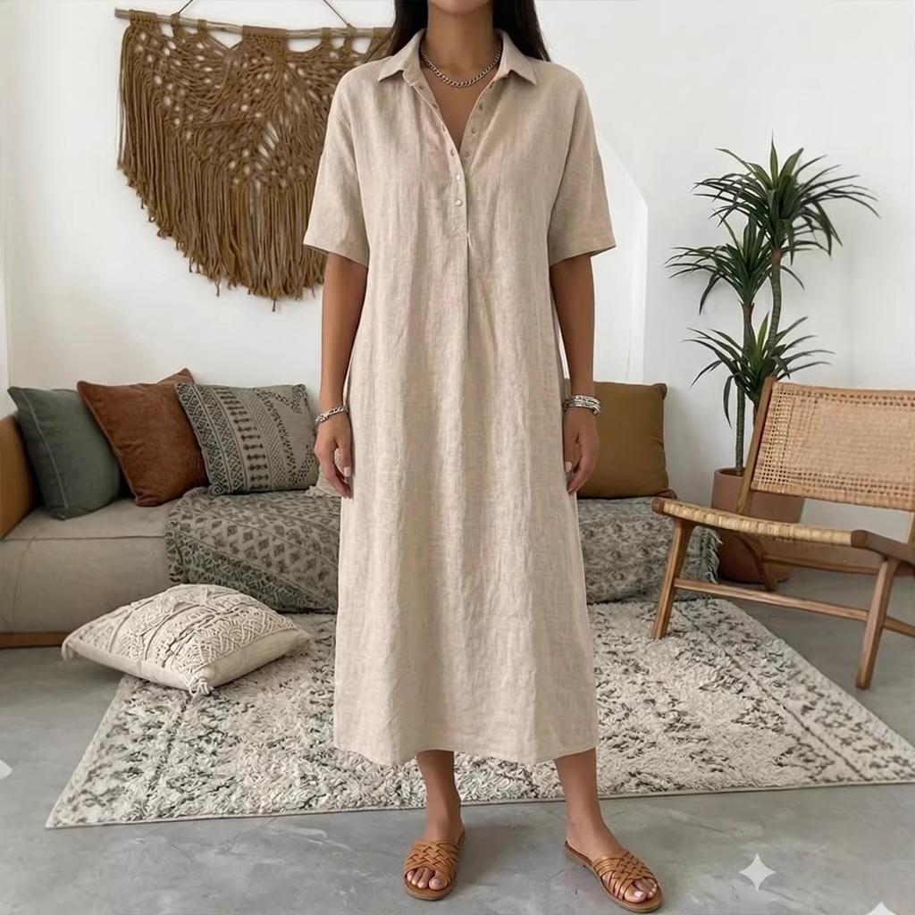 2026 spring and summer Europe and the United States new casual straight comfortable Polo collar linen short-sleeved dress