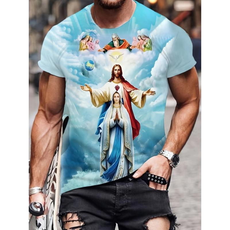 T-shirt da Uomo Girocollo Manica Corta Stampa 3D Gesù Vergine Maria Motivo Religioso Casual Streetwear Traspirante Top Quotidiani