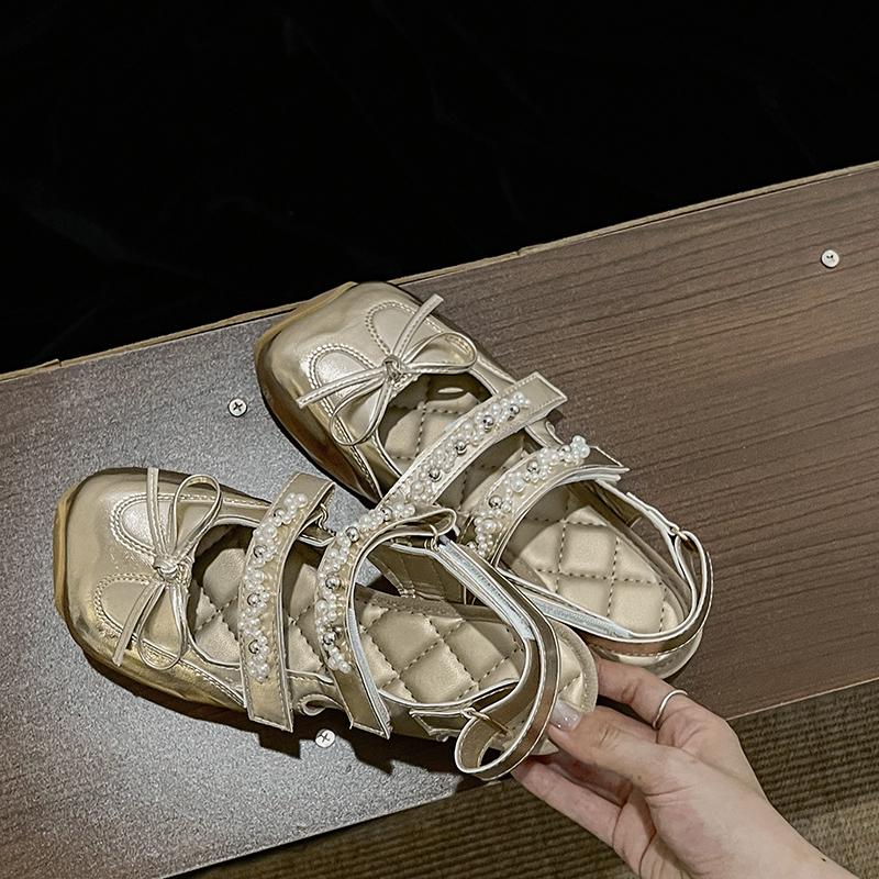 Bow Women Flats Square Toe Sandals Beaded Casual New Shoes 2025 Summer Trend Slingback Woman Slippers Sandalias De Mujer