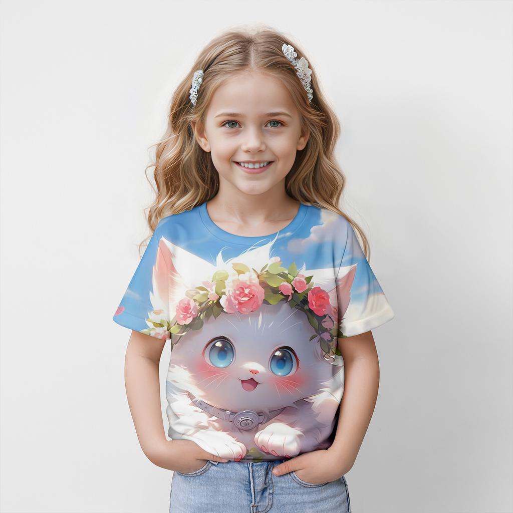 Girl Clothes Children's T-Shirts Short Sleeve 3D Cartoon Cat Print Cute Girls Clothing Kids Summer Clothes Casual Round Neck Top