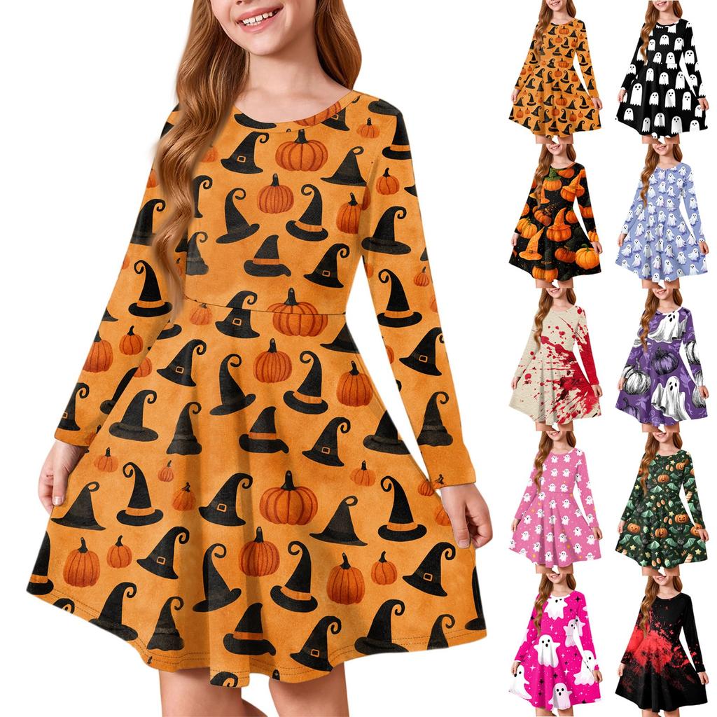 Girls' Summer Princess Dress Halloween Day- Long Sleeve A-Line T-Shirt Dress