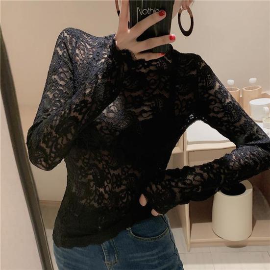 Turtleneck Long Sleeves Perspective Thin Bottoming Top Women Embroidery Floral Crochet Lace Hollow Top