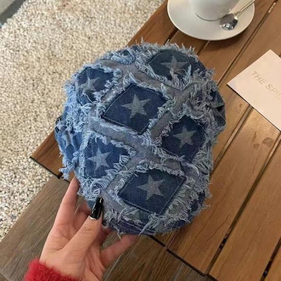 Женская Повседневная Берет Джинсовая Шляпа Звезда Кисточка Потертая Плоская Кепка Айви Кэбби Водительская