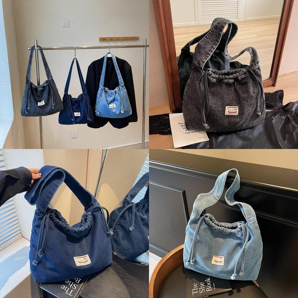 Drawstring Denim Tote Bag For Women With Tophandle Design And Large Capacity For Daily Use