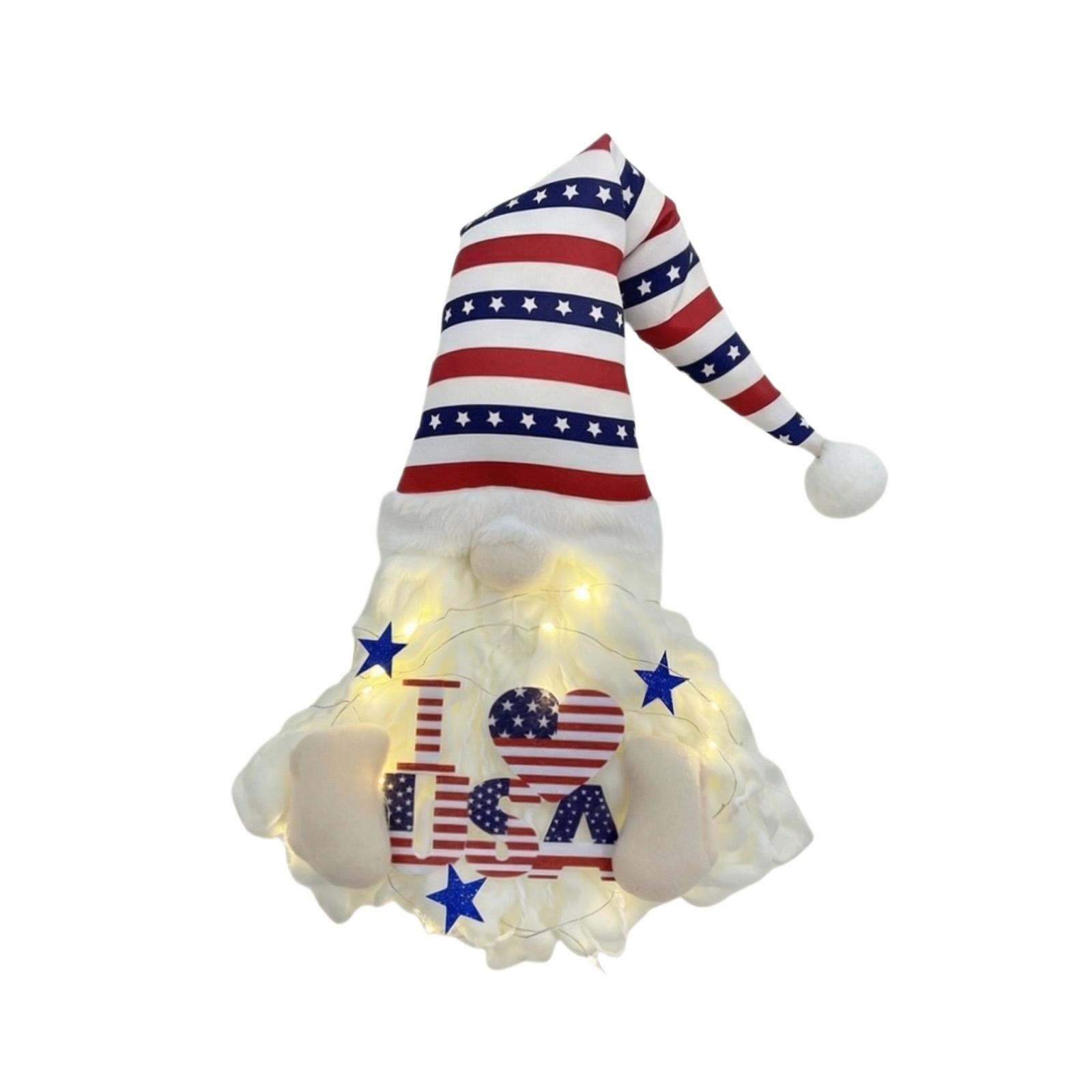 

Patriotic Gnome Plush Doll with LED Lights American Flag Hat Decorative Ornament for Home Office Party Display One Size