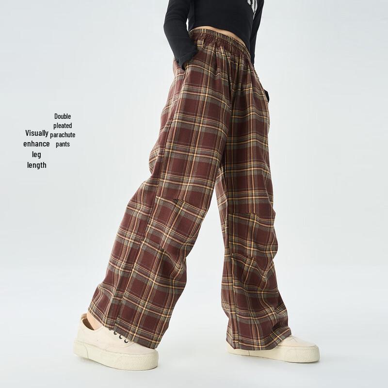 Girls  Plaid Multi-Pocket Straight Leg Casual Pants 140