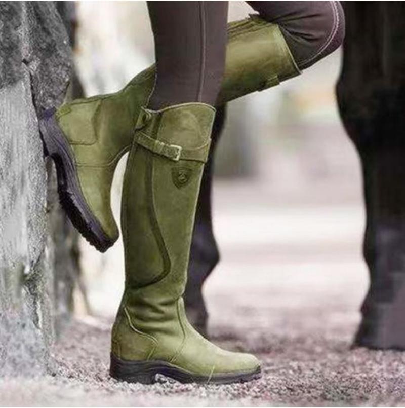 Women Knee High Heels Long Suede Boots Square Thigh High Plus Size Leather Riding Motorcycle Boots