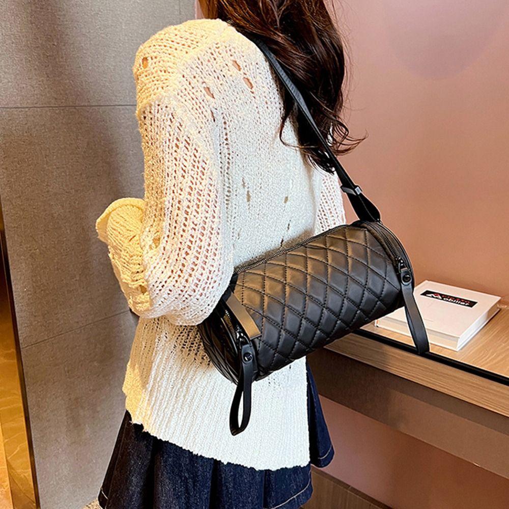 Elegant Rhombus Crossbody Bag Plaid Cylinder Bag Casual Nylon Shoulder Bag  Girls