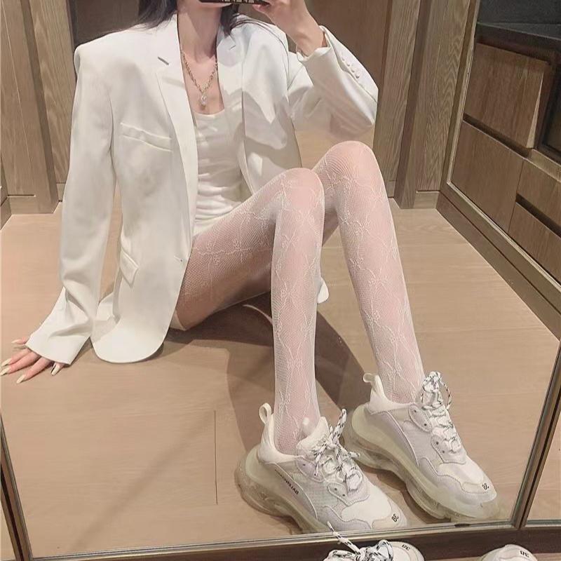 Hollow Lace Mesh Stockings with Bottom Pantyhose Lolita Retro Floral Vine White Black Stockings for Women