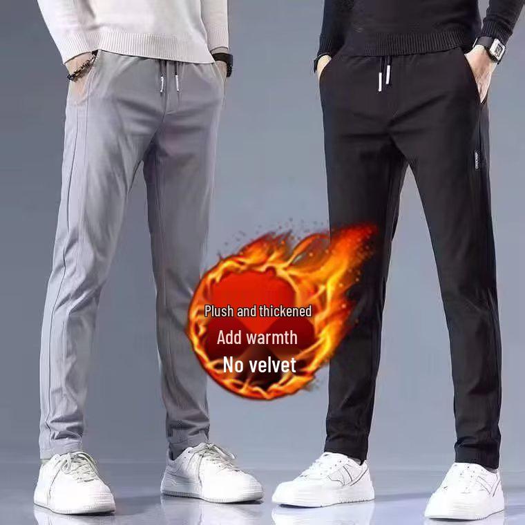 Black Label Plus Men's Slim Fit Fleece Pants - Autumn/Winter Korean Style Large Size Straight Business Casual Trousers