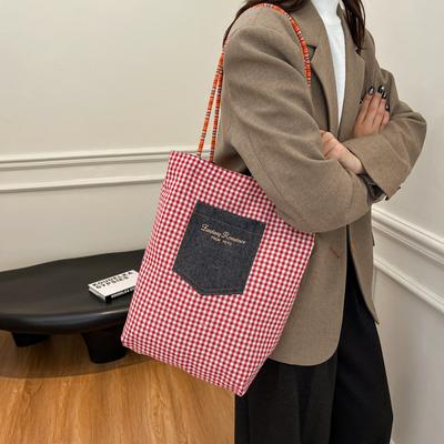 Korean Version of Red Plaid Double-sided Denim Shoulder Bag Fashion Trend Large Capacity Portable Canvas Bag Retro Tote Bag