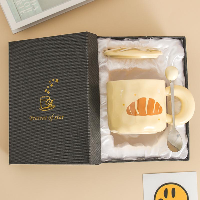 Milk fufu cute ceramic cup girl high value mug with lid spoon dormitory couple office coffee cup
