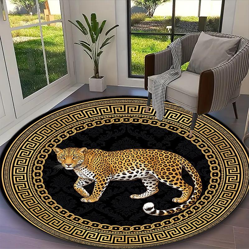1pc General-purpose Rug, Golden Black Leopard Printed Round Rug, Comfortable Office Chair Carpet, Home Entrance Floor Mat