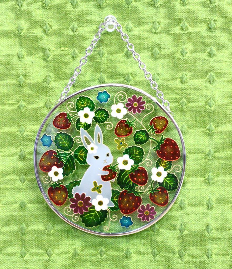 Fourcart Süßer Handgemachter Glasständer Erdbeere und Hase Durchmesser Rahmen, Design, Rund, 11,5 cm