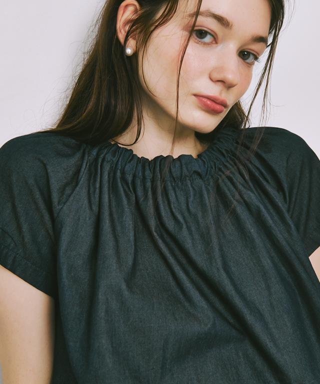 RONRON Shirring Neck Blouse Deep Denim
