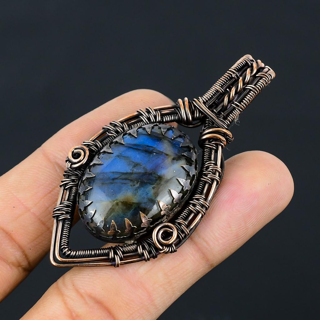 Natural Labradorite Gemstone Handmade Copper Wire Wrap Pendant 2.68" m2C04
