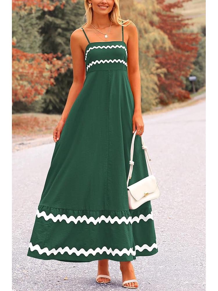 Damen Sommer Spitzen-Patchwork Spaghettiträger Maxikleid