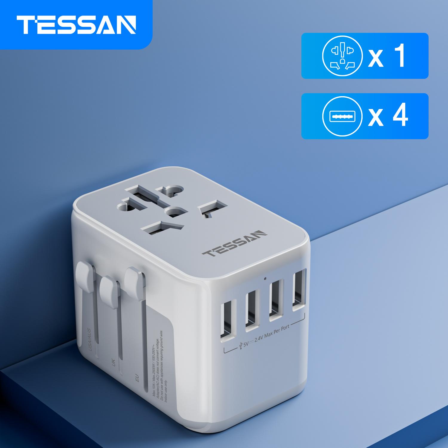 

Универсальный дорожный адаптер TESSAN по всему миру с 2 портами USB, 2 адаптерами питания для быстрой зарядки типа C, вилка ЕС/Великобритании/США/Австралии для путешествий