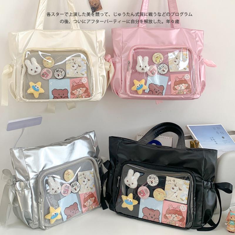 Y2K Cute Bow Ita Bag Women Transparent Shoulder Bag Nylon Pleated Korean Style Fashion Tote Bag Large Capacity Female Handbag