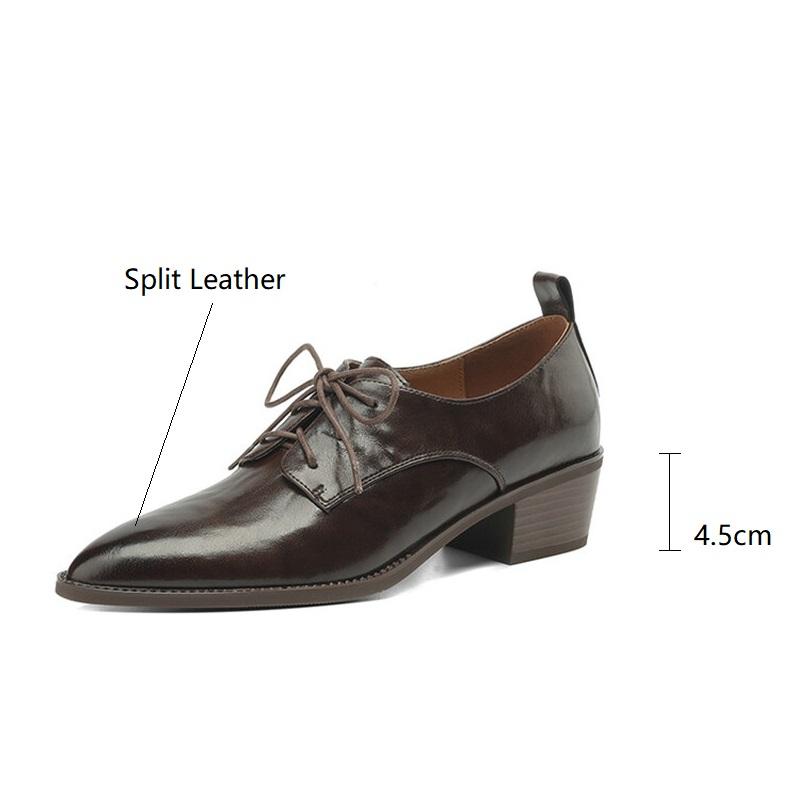 Fashion New Spring Split Leather Women Shoes Pointed Toe Women Pumps Chunky Heels Lace Loafers Shoes for Women French Retro Casual Shoes