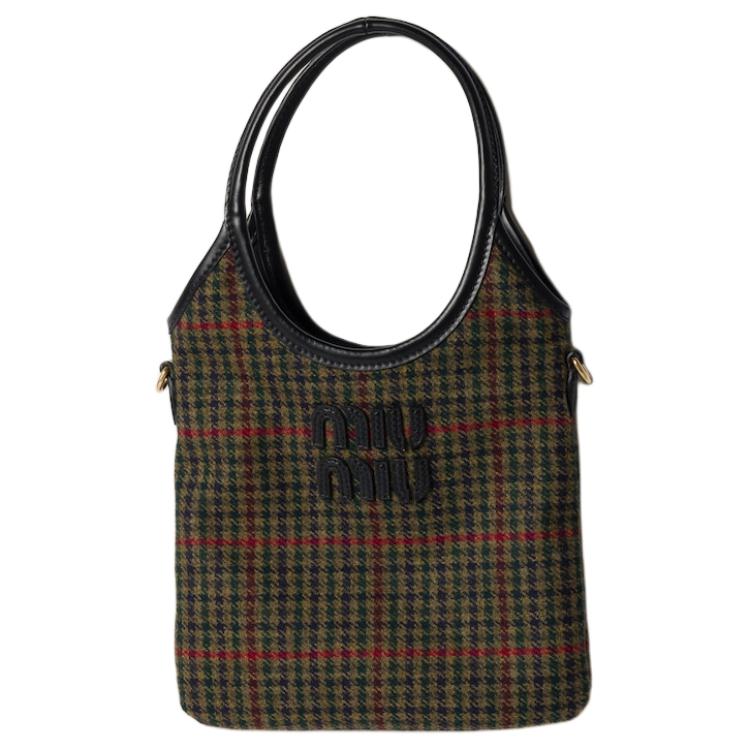 

MIU MIU Ivy Adjustable Detachable Shoulder Strap Logo Plaid Fabric Shoulder Crossbody Tote Bag Women Handbags Dark-Green Black 5BA281_2DU5_F0466_V_OLN Gift Set(Basic Set+Box+Shopping Bag)