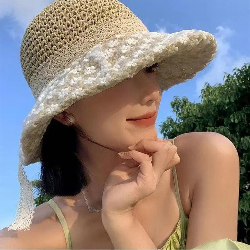 New Summer Women'S Fishing Hat Sun Protection Hat Lace Trim Beach Straw Hat Breathable And Stylish