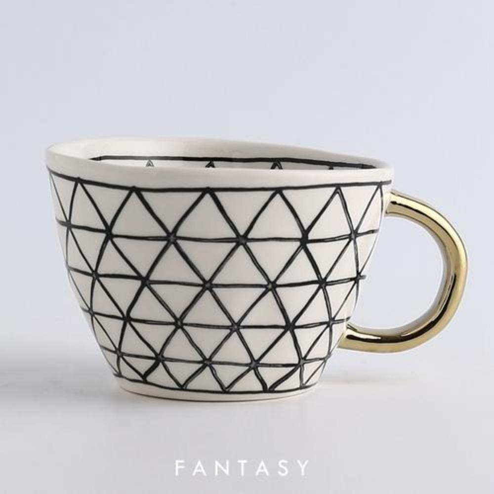 American Irregular Geometric Ceramic Coffee Cup with Gold Plated Handle Black and White Pattern Milk Tea Cup Home Accessories