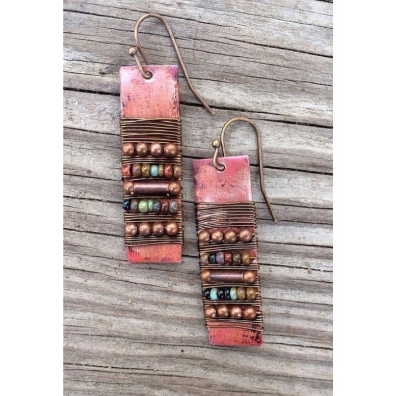 Etniczne Vintage Miedziany Kolor Metalowe Rzeźbione Kwadratowe Wielokolorowe Kamienne Kolczyki Wiszące dla Kobiet Biżuteria