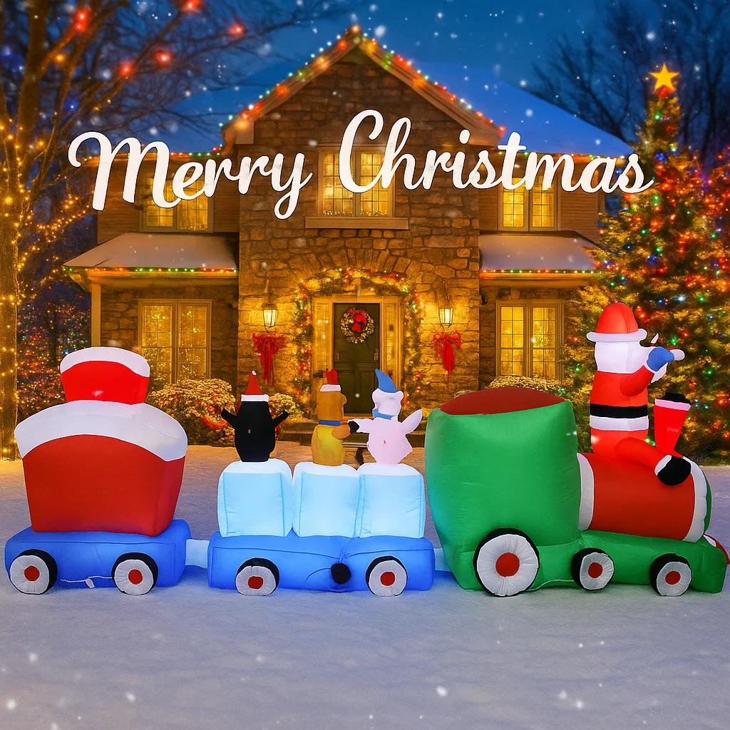 8.8FT LED Inflatable Christmas Yard DecorSanta Train with Friends Xmas Toy Home Decoration Supplies Ornament Gifts Holiday Decor