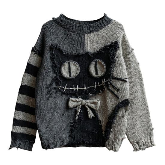 Halloween Skummel Ansikt Genser for Kvinner Patchwork Trykk Strikket Genser Topp Langermet Rund hals Sydd Høstantrekk