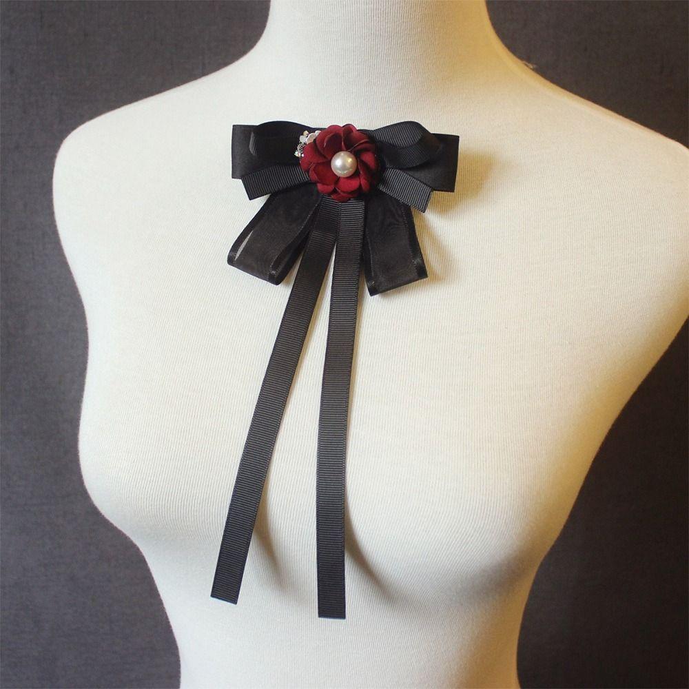 Rhinestone Pearl Bow Blouse Collar Pin Brooch Black Shirt Bowtie Ribbon Bow Tie  For Women Girls
