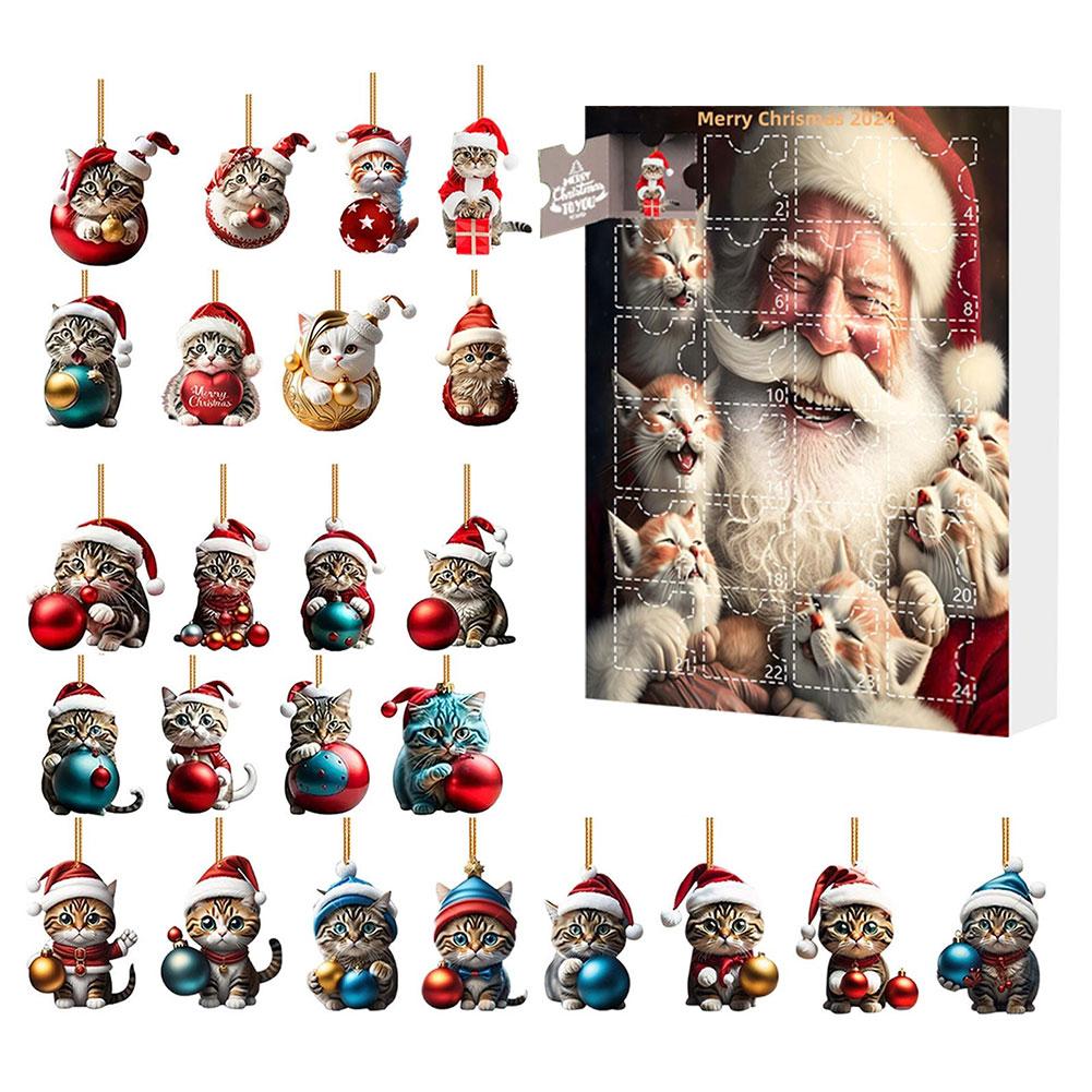 Cute Christmas Advent Calendar Christmas Tree Cat Pendant Xmas Countdown Calendar 2D Acrylic Cat Hanging Pendant for Cat Lovers