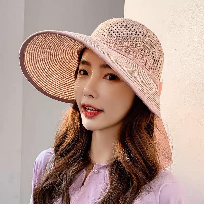 Mori Style Women's Wide Brim Straw Hat with Bow and Satin Ribbon, Sun Protection for Summer Travel and Beach Outings.