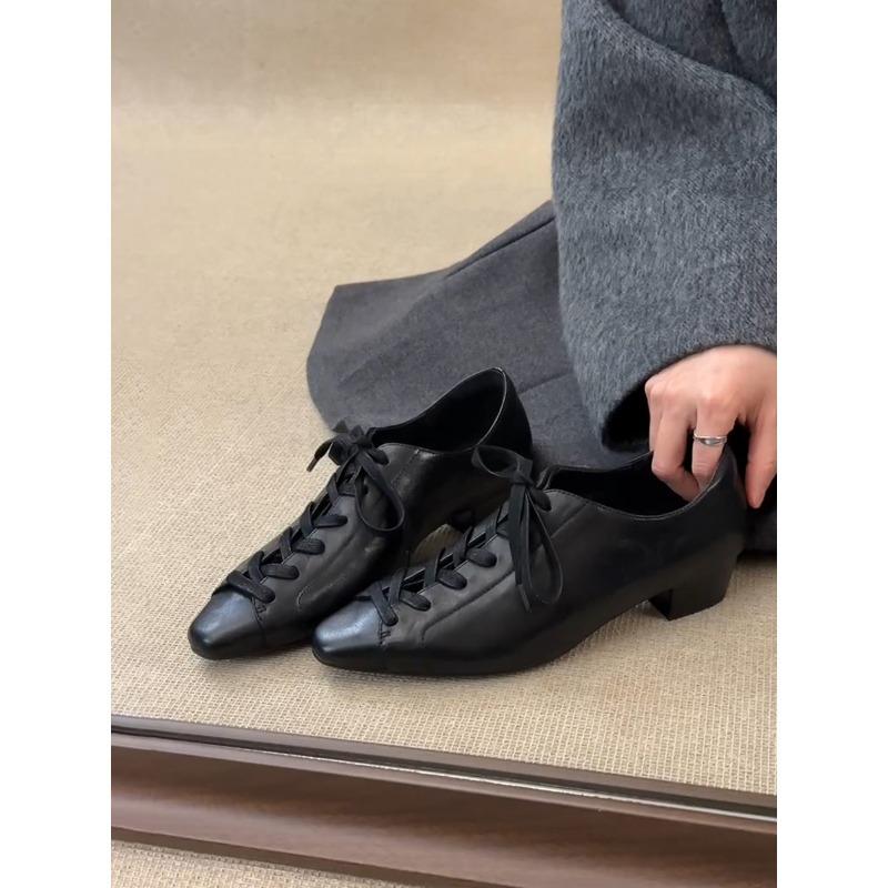 Cowhide version~ retro cross-lace-up old money style small leather shoes commuting thick heels single shoes design temperament