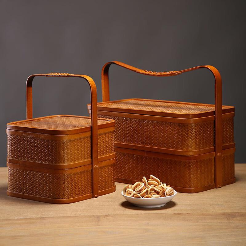 Handmade Bamboo Double-Layer Food Basket with Handle