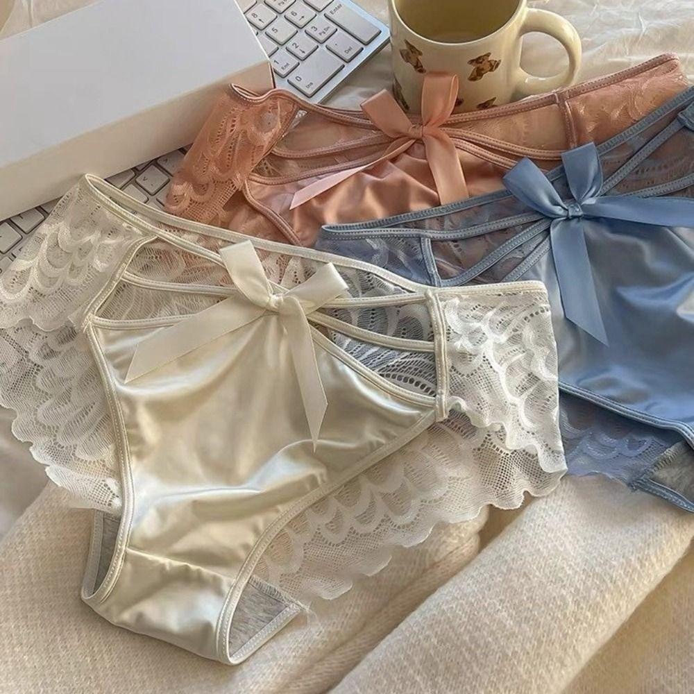 Bowknot Lace Mesh Briefs French Style Low Waist Underpants Fashion Satin Panties  Daily