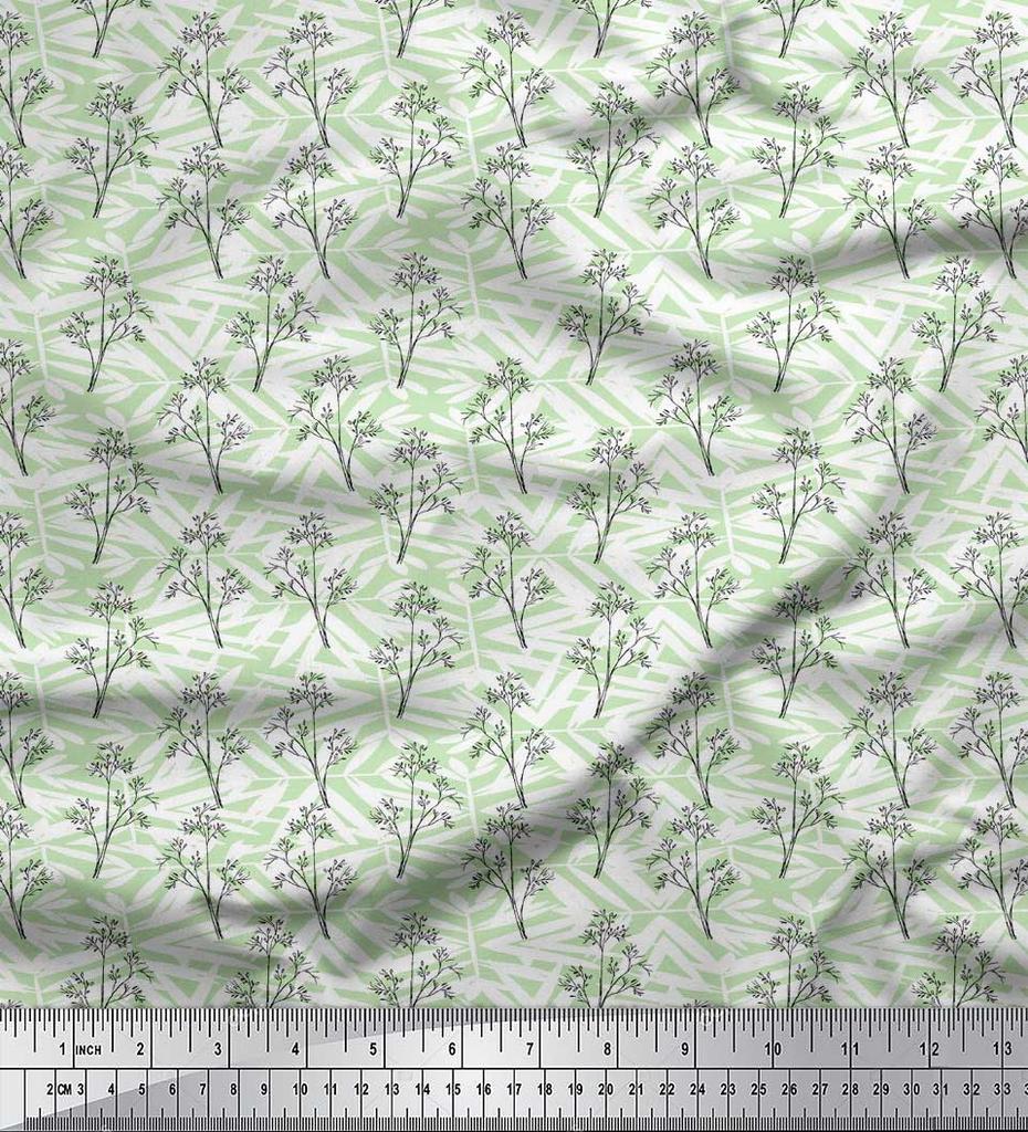 Soimoi Blue Poly Crepe Fabric Silhouette Branch Leaves Print Fabric by metre 42 Inch