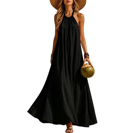 Women Halter Neck Maxi Linen Dress, Sleeveless A-Line Loose Casual Long Dress, Summer Flowy Vacation Beach Sundress L