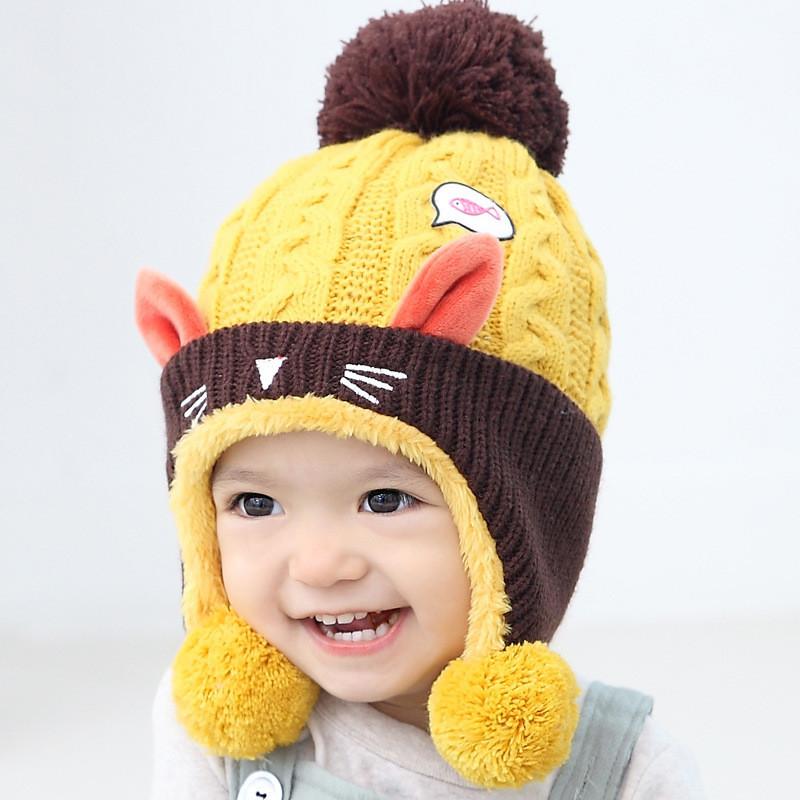 Cozy Baby Knitted Hat For Winter With Cute Cat Design Thickened Plush Ears Suitable For Boys And Girls Aged 5 To 24 Months Available In Red Yellow